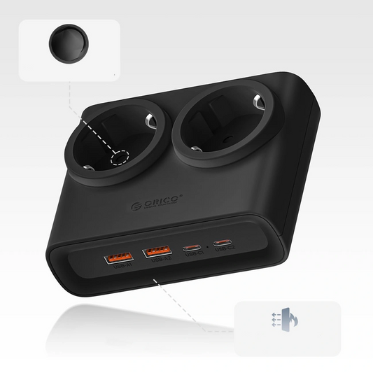 Orico PDC25 forlængerledning, 2 x Schuko - 2 x USB-A - 2 x USB-C, Sort