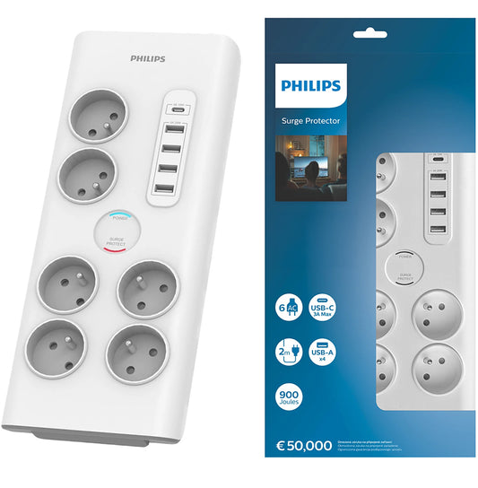 Philips Powerline-strømadapter, 35W, 3A, 4 x USB-A - 1 x USB-C - 6 x Schuko, hvid PHIL-SPN7060WA/60