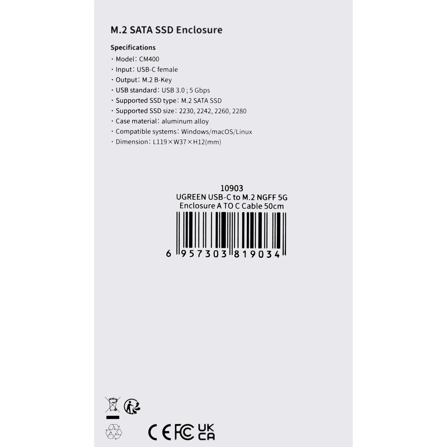 Rack UGREEN CM400 til SSD SATA M.2 NGFF, Grå