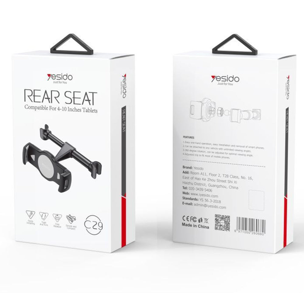 Bilhovedstøtteholder Yesido C29 til Telefon / Tablet, 4inch - 10inch, Sort