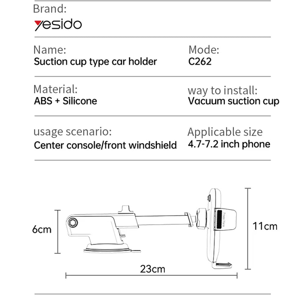 Bilholder Yesido C262, 4.7 tommer - 7.2 tommer, Sort
