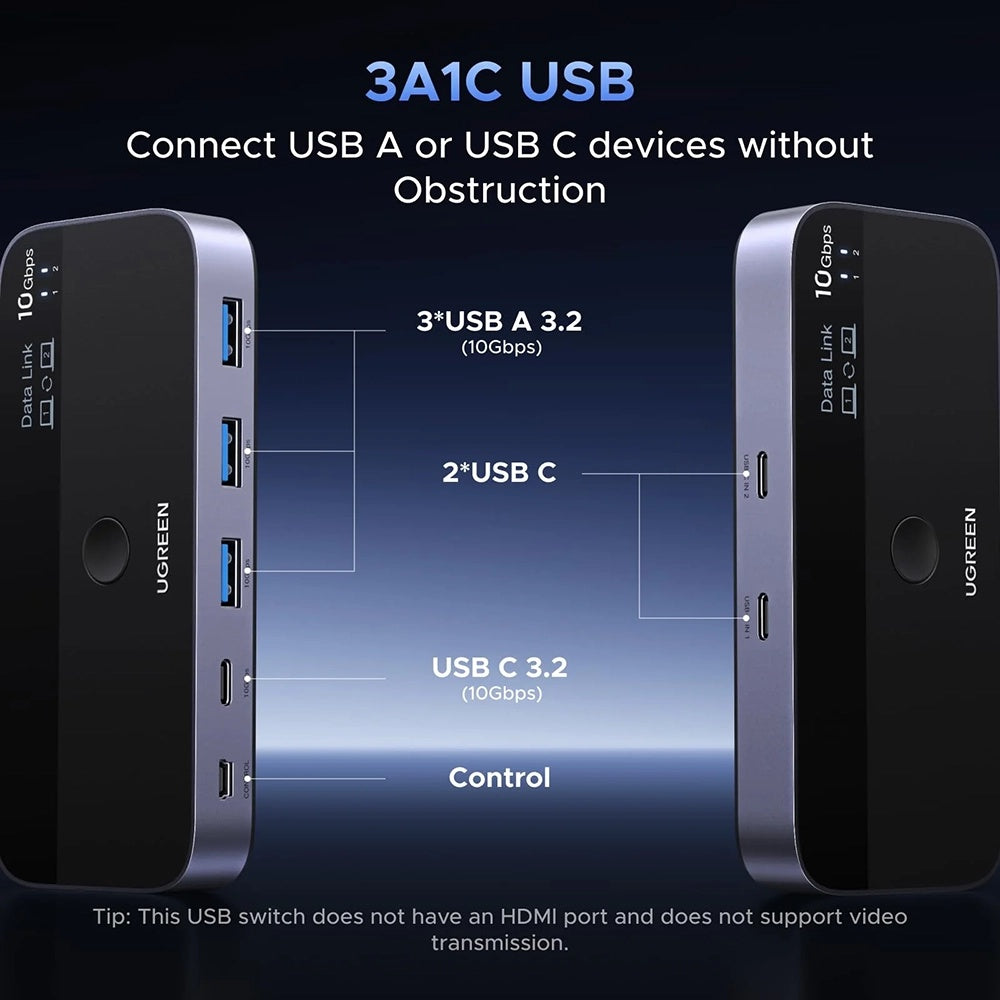 Switch USB UGREEN CM691 (45784), 3 x USB-A 3.2 - 1 x USB-C - 1 x miniUSB, Sort
