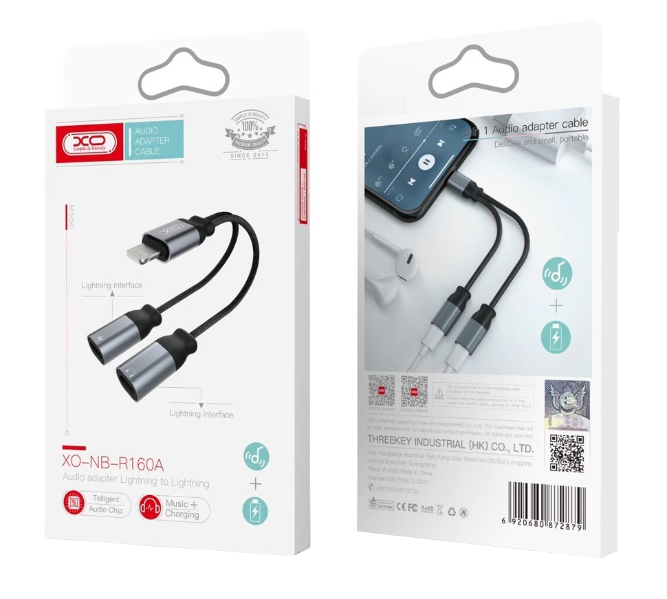 Audioadapter Lightning - 2 x Lightning XO Design NB-R160A, Grå