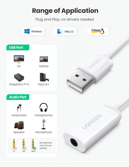 UGREEN US206 Audio Adapter, USB-A - 3.5mm, White
