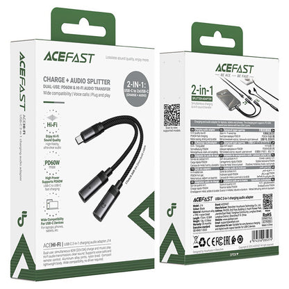 Audioadapter USB-C - 2 x USB-C Acefast J14, Sort