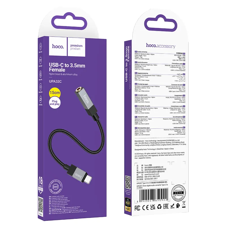 USB-C til 3,5 mm lydadapter HOCO UPA32C, sort