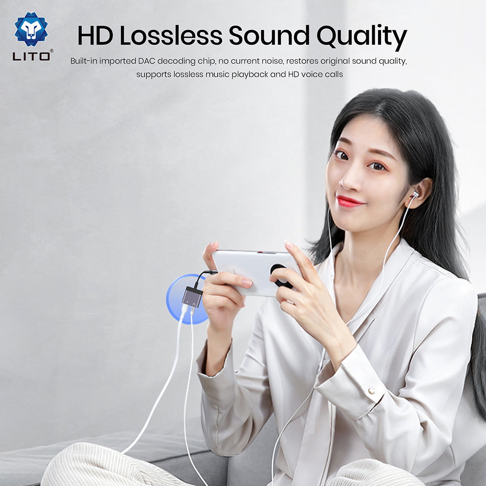 Audioadapter USB-C - USB-C / 3,5 mm Lito LA04T, Sort