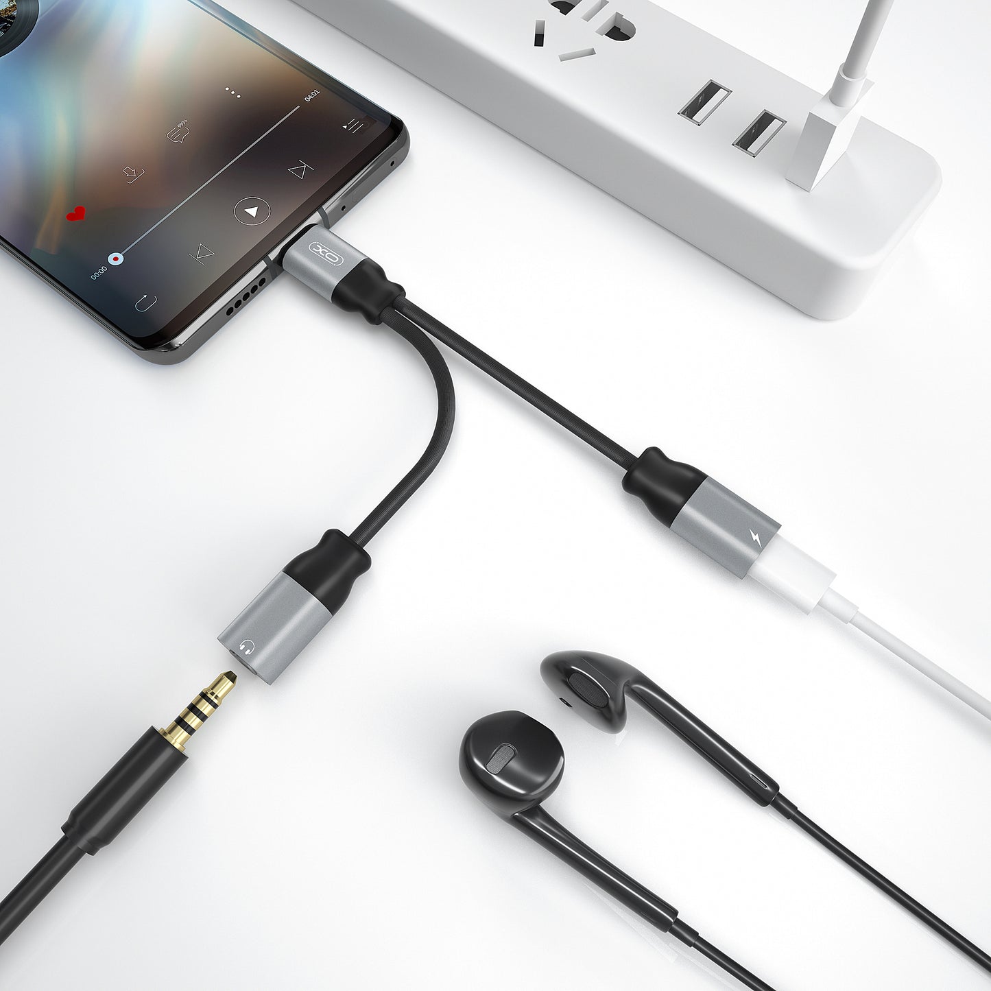 Audioadapter USB-C - USB-C / 3,5 mm XO Design NBR160B, Sort