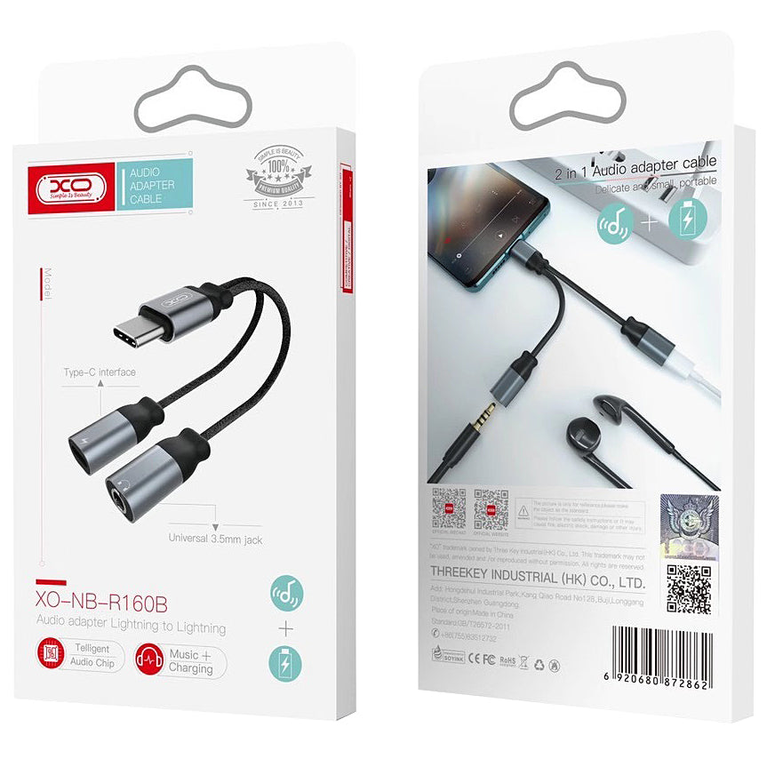 Audioadapter USB-C - USB-C / 3,5 mm XO Design NBR160B, Sort