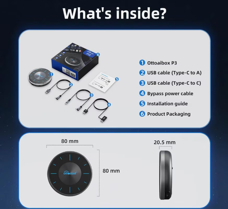Trådløs Carplay / Android Auto-adapter Ottocast OttoAibox P3 til Apple iPhone / Android Series PCS46
