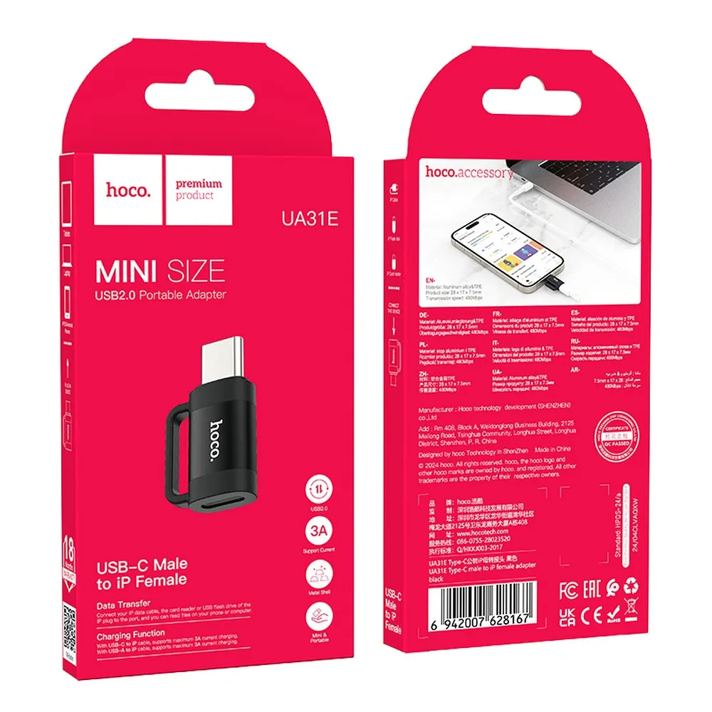 Lightning Data and Charging Adapter - USB-C HOCO UA31E, Black