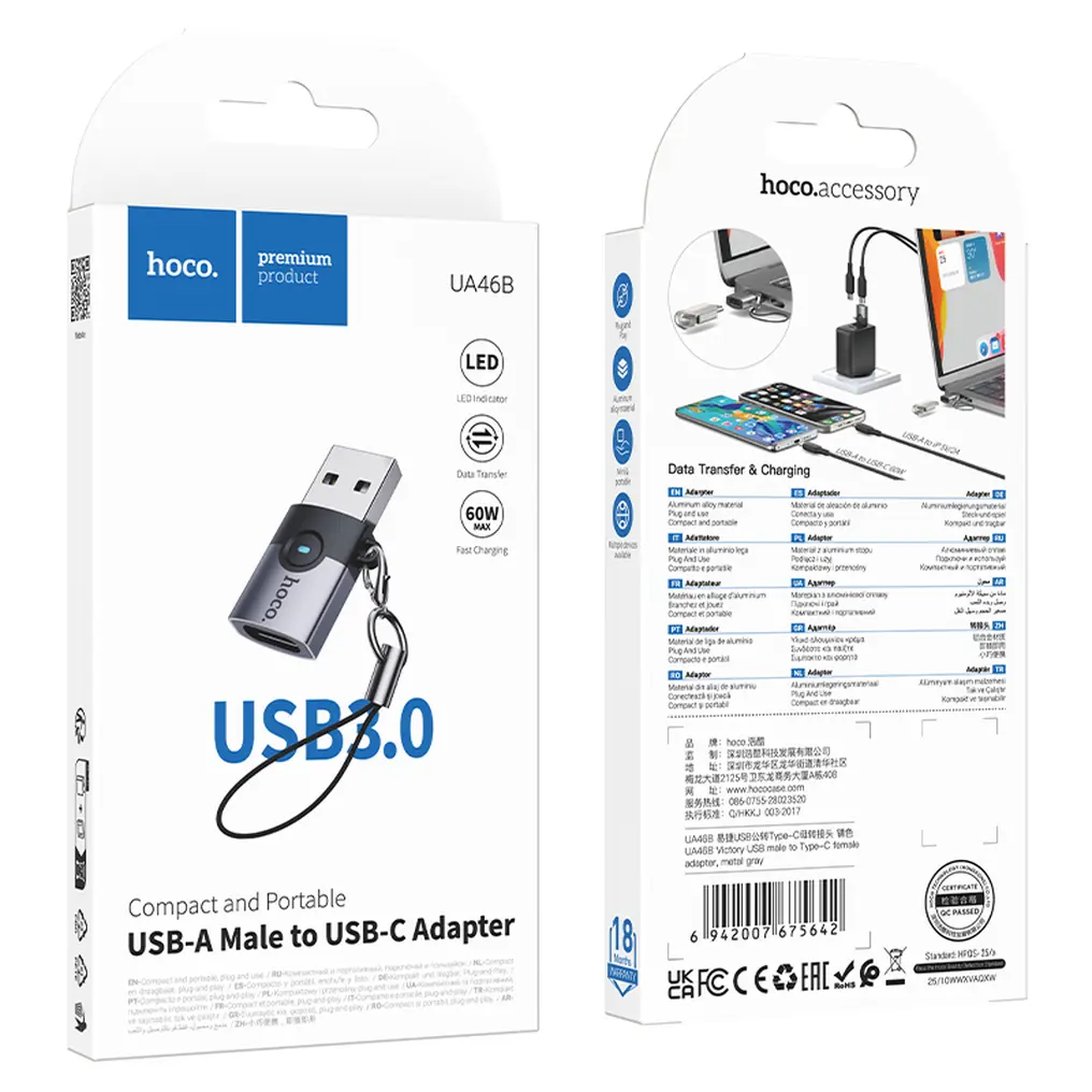USB-C til USB-A Data- og Opladeradapter HOCO UA46B, Grå