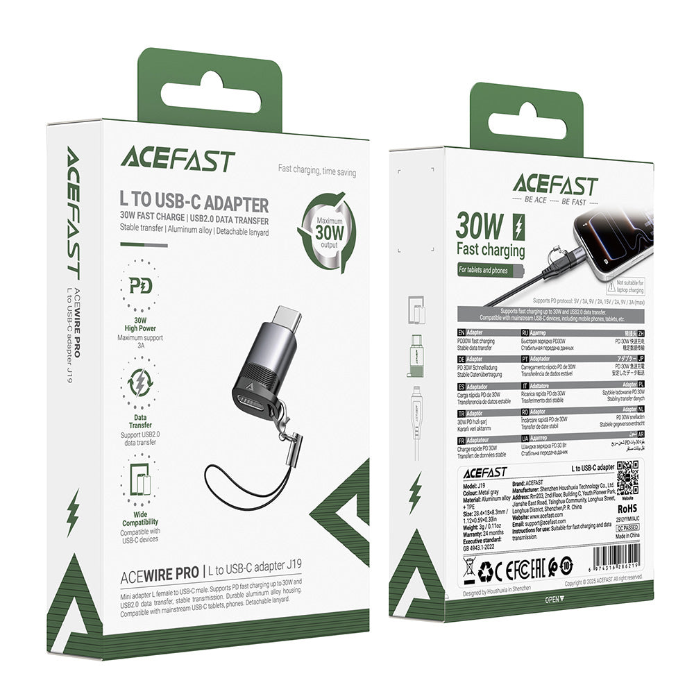 Data- og Opladningsadapter Lightning - USB-C Acefast J19, Grå