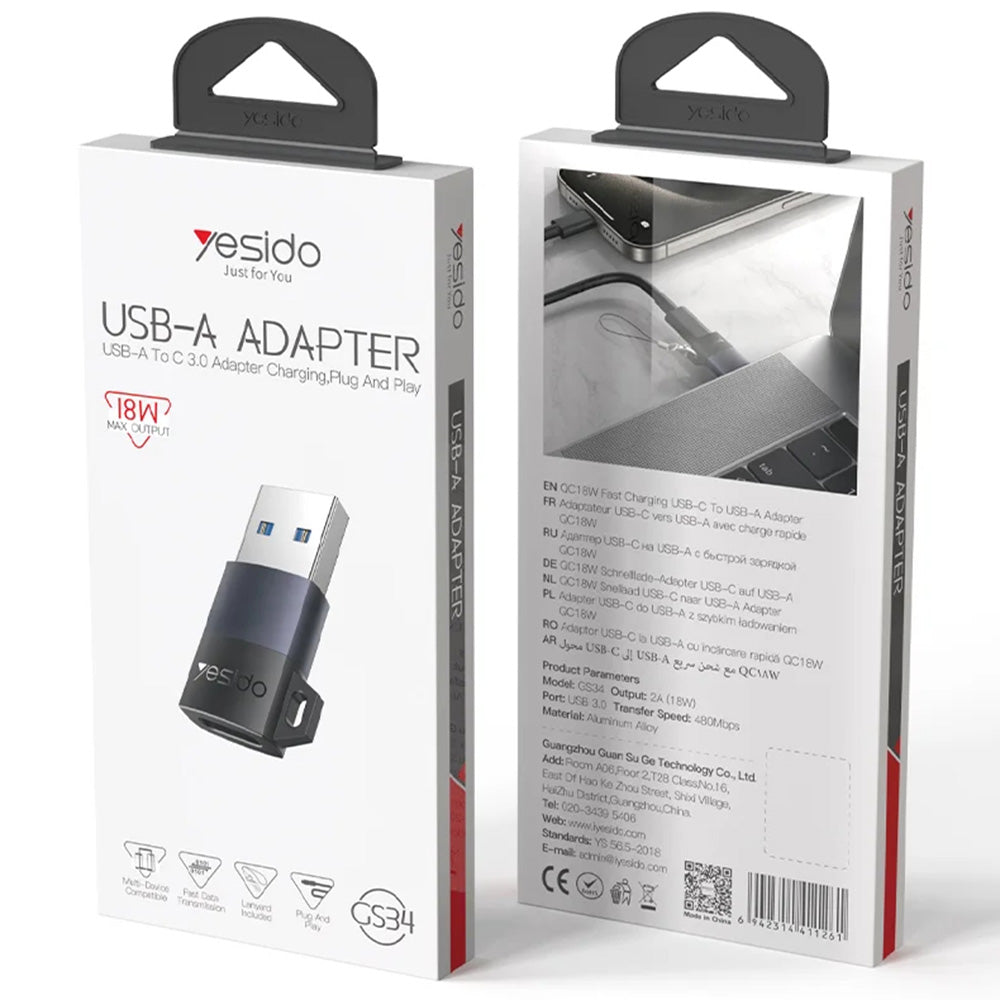 USB-C - USB-A Data- og Opladningsadapter Yesido GS34, Grå