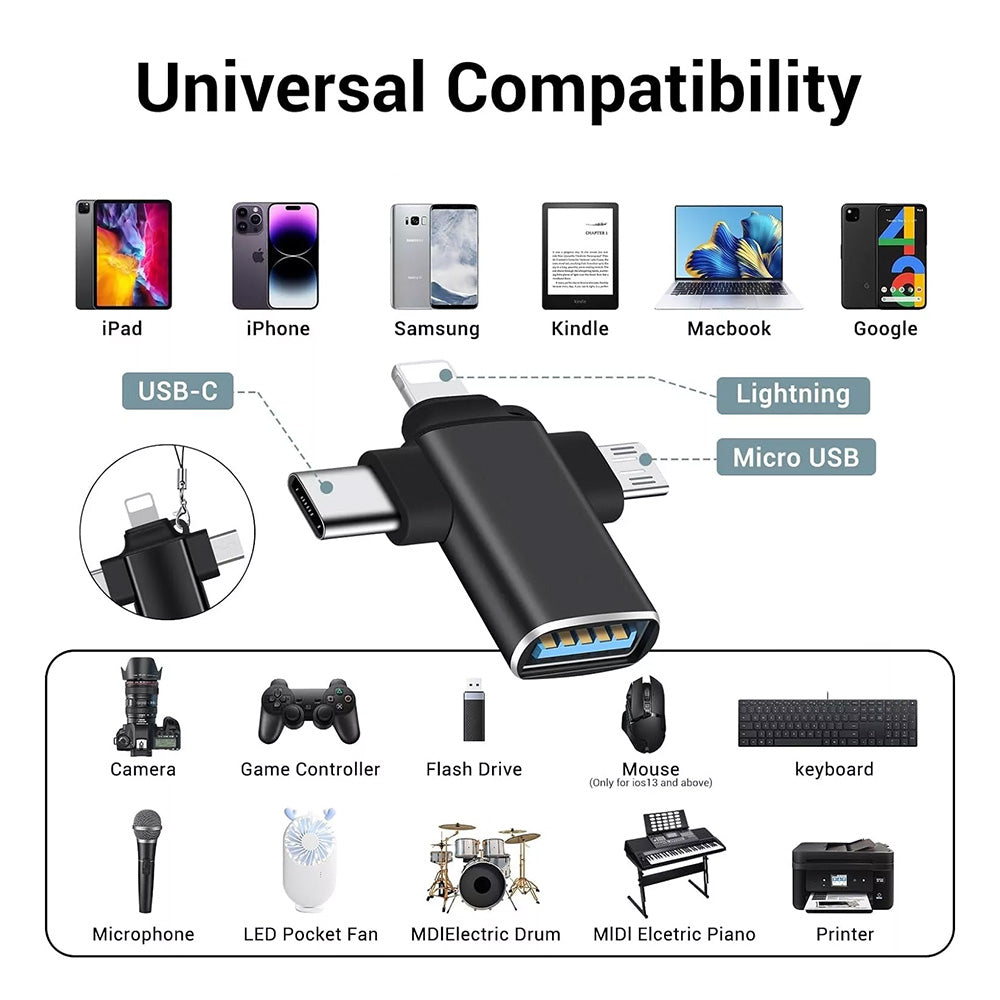 OTG Adapter Lightning / microUSB / USB-C - USB-A Techsuit A17 SoundVoltX, Sort