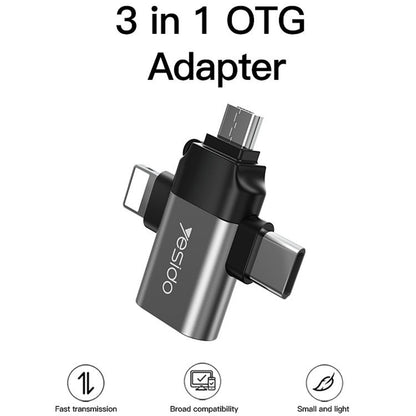OTG Adapter Lightning / microUSB / USB-C - USB-A Yesido GS15, Sort