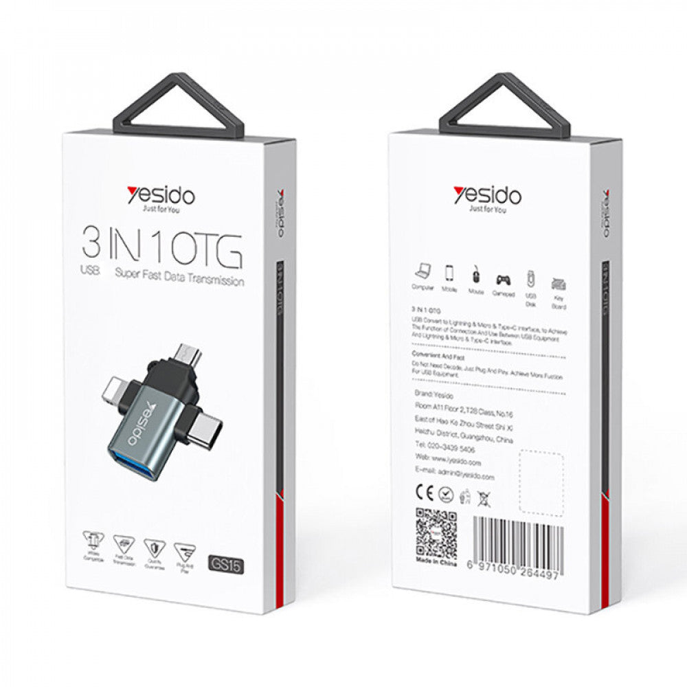 OTG Adapter Lightning / microUSB / USB-C - USB-A Yesido GS15, Sort