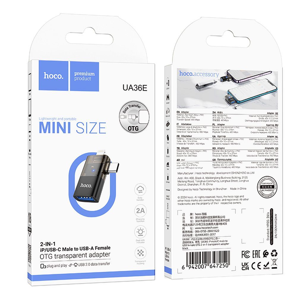 OTG Adapter Lightning / USB-C - USB-A HOCO UA36E, Sort