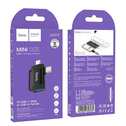 OTG adapter USB-C / Lightning - USB-A HOCO UA31F, Sort