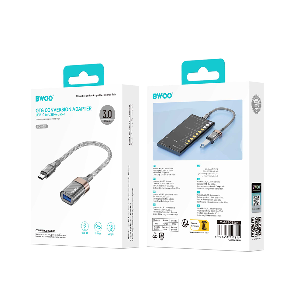 OTG USB-C - USB-A BWOO BZ69 adapter, Grå