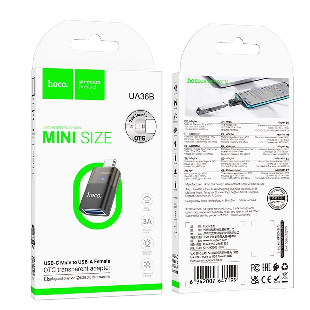 OTG Adapter USB-C - USB-A HOCO UA36B, Sort