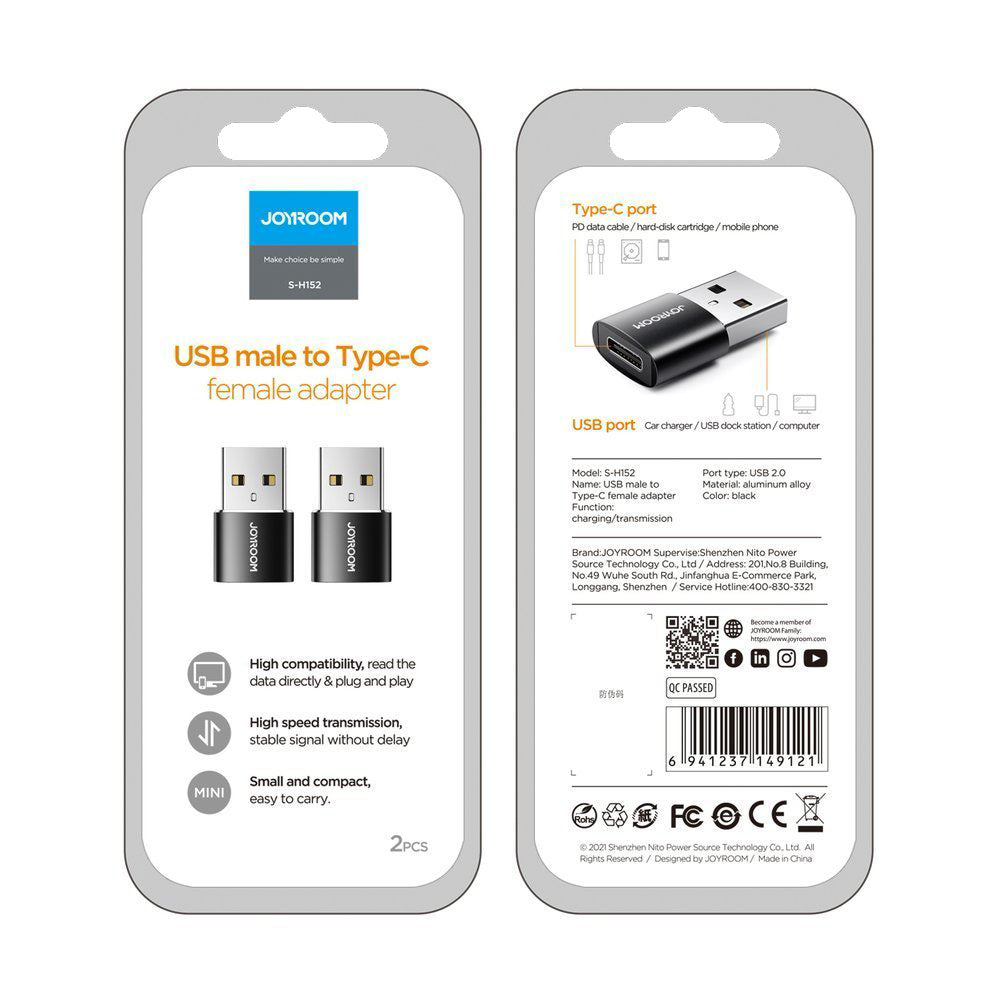 Adapter til data og opladning USB-C - USB-A Joyroom S-H152, sæt med 2 stykker, sort