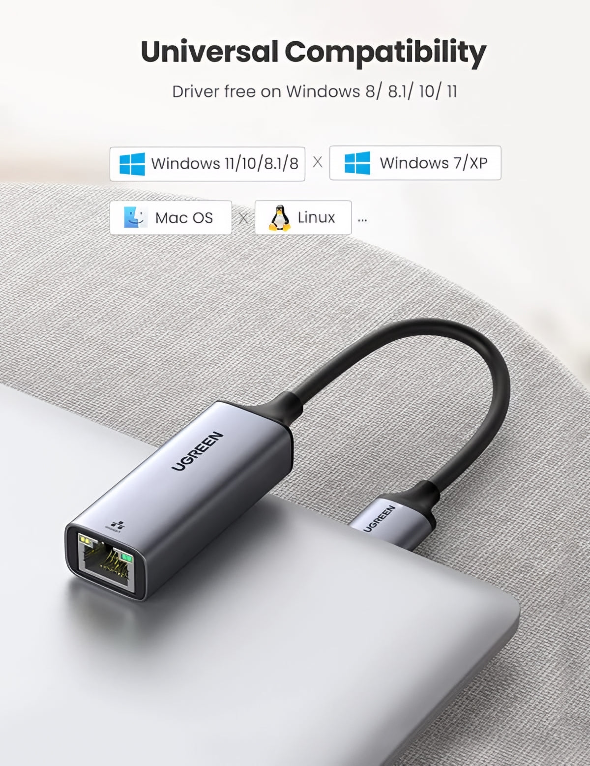 UGREEN CM209 Netværkskort, RJ45, USB, Grå