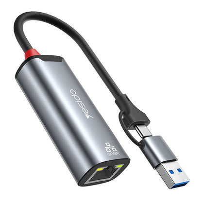 Netværksadapter Yesido HB26, RJ45, USB / USB-C, Grå