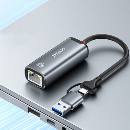 Netværksadapter Yesido HB26, RJ45, USB / USB-C, Grå