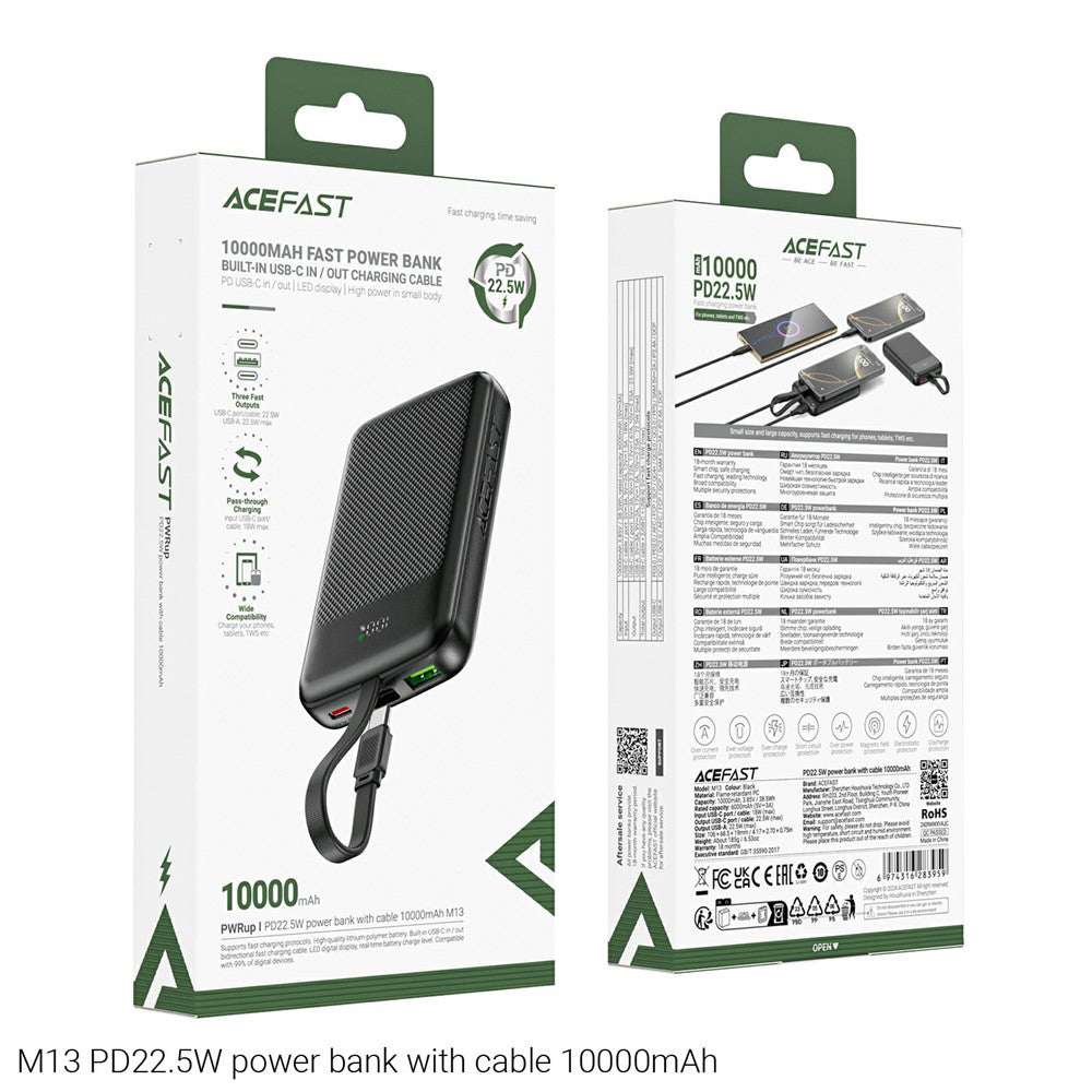 Ekstern batteri Acefast M13, 10000mAh, 22.5W, QC + PD, 1 x USB-A - 2 x USB-C, Sort