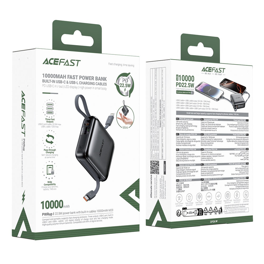 Ekstern batteri Acefast M23, 10000mAh, 22.5W, QC + PD, 1 x Lightning - 2 x USB-C, Grå