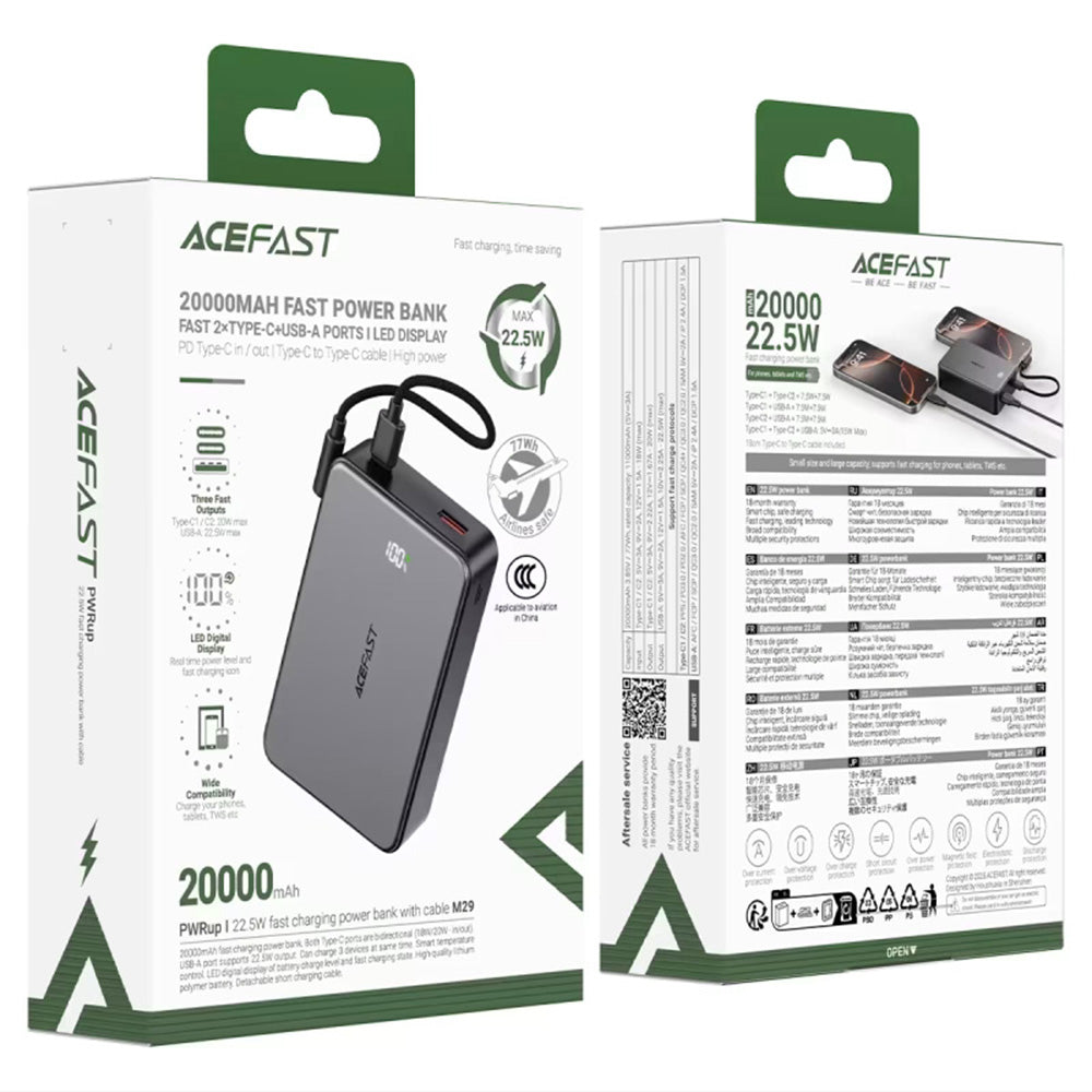 Ekstern batteri Acefast M29, 20000mAh, 22.5W, QC + PD, 1 x USB-A - 2 x USB-C, Sort
