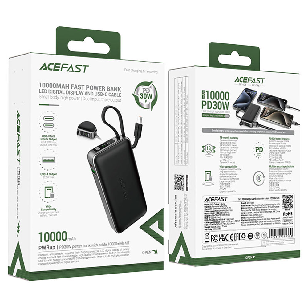 Ekstern batteri Acefast M7, 10000mAh, 30W, QC + PD, 1 x USB-A - 2 x USB-C, Sort