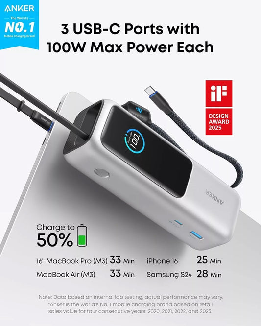 Ekstern Anker-batteri, 25000mAh, 165W, QC + PD, 1 x USB-A - 3 x USB-C, Sølv, Genforseglet A1695H41