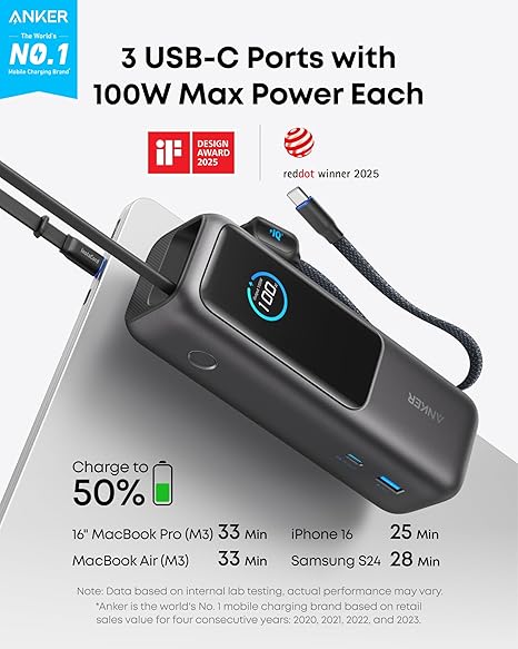 Anker Ekstern Batteri, 25000mAh, 165W, QC + PD, 1 x USB-A - 3 x USB-C, Grå A1695H11