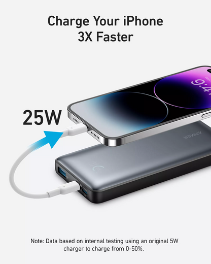 Anker 533 PowerCore Ekstern Batteri, 10000mAh, 25W, QC + PD, 1 x USB-A - 2 x USB-C, Sort A1249G11