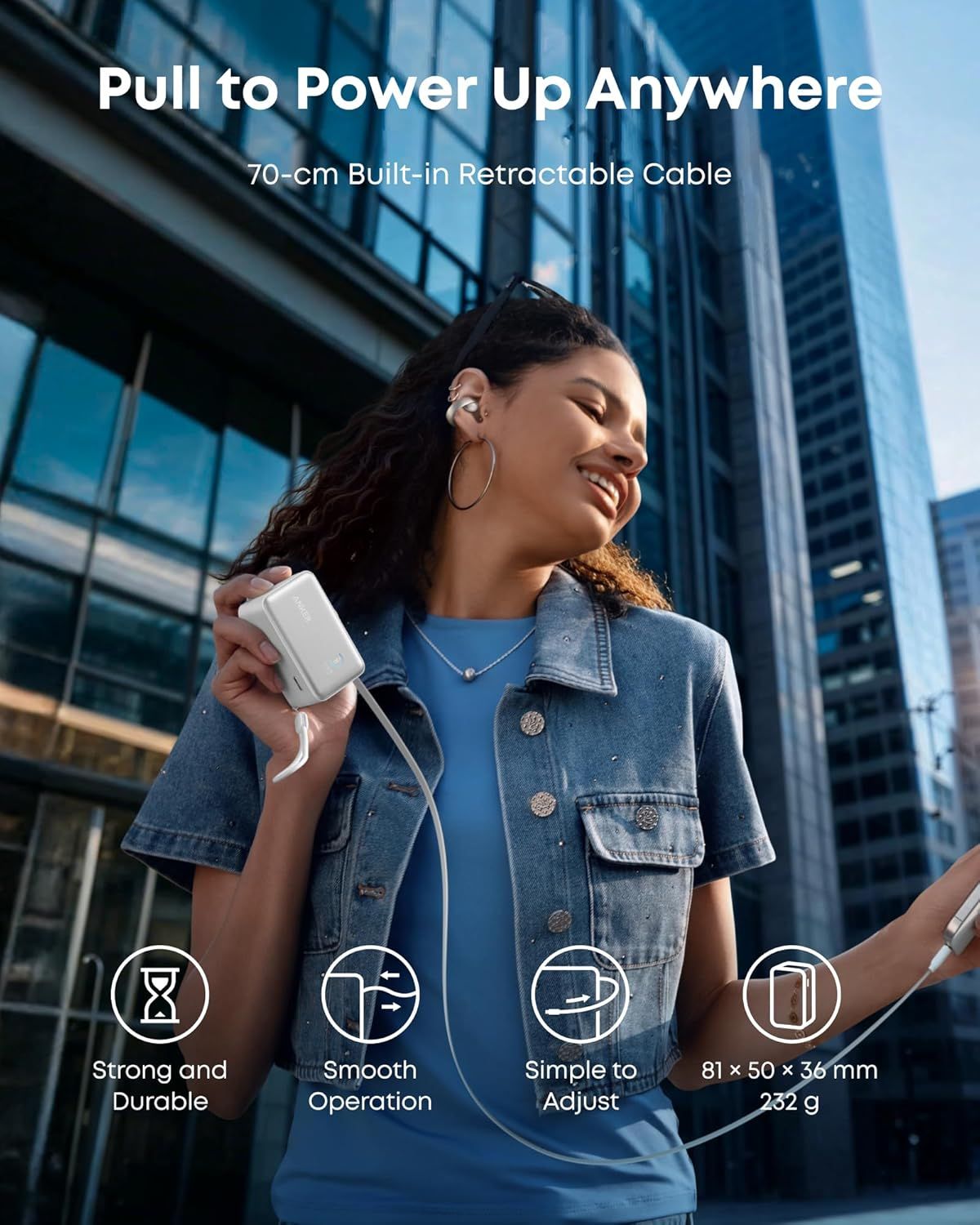 Ekstern batteri Anker Nano, 10000mAh, 45W, QC + PD, 1 x USB-A - 1 x USB-C, Hvid A1638H21