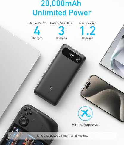 Ekstern batteri Anker PowerCore, 20000mAh, 87W, QC + PD, 1 x USB-A - 2 x USB-C, Sort, Genforseglet A1383H11