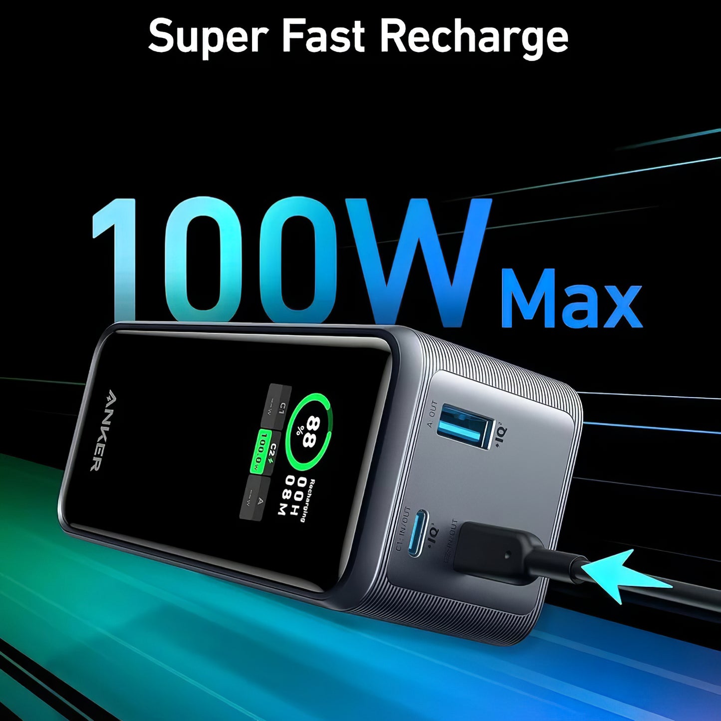 Ekstern batteri Anker Prime, 20000mAh, 200W, QC + PD, 1 x USB-A - 2 x USB-C, Sort, Genforseglet A1336011