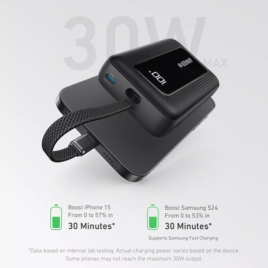 Ekstern batteri Anker Zolo, 20000mAh, 30W, QC + PD, 1 x USB-A - 2 x USB-C, Sort, Genforseglet A1689H11