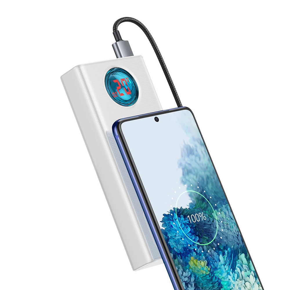 Ekstern Batteri Baseus Amblight Digital Display, 30000mAh, 65W, QC + PD, 1 x USB-C - 4 x USB-A, Hvid PPLG000102