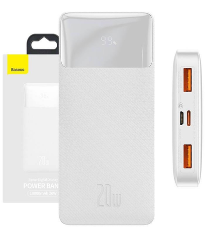 Ekstern batteri Baseus Bipow, 10000mAh, 20W, QC + PD, 1 x USB-C - 2 x USB-A, Hvid PPBD050502