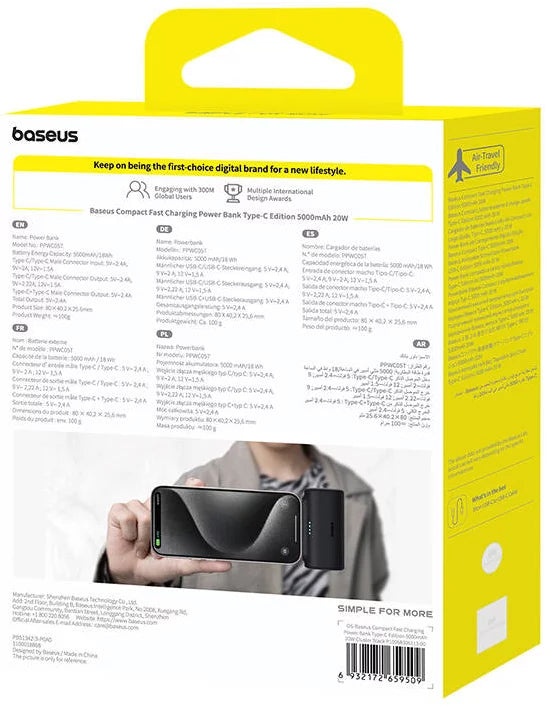 Ekstern Baseus Compact-batteri, 5000mAh, 20W, PD, 2 x USB-C, Sort P10068306113-00