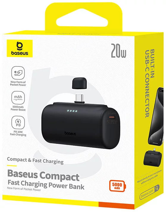 Ekstern Baseus Compact-batteri, 5000mAh, 20W, PD, 2 x USB-C, Sort P10068306113-00