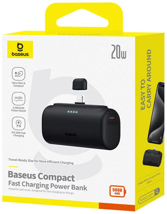 Baseus Compact External Battery, 5000mAh, 20W, PD, 1 x Lightning - 1 x USB-C, Black P10068307113-00
