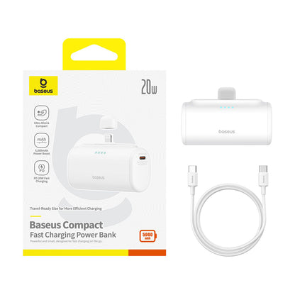 Ekstern batteri Baseus Compact, 5000mAh, 20W, PD, 1 x Lightning - 1 x USB-C, Hvid P10068307213-00