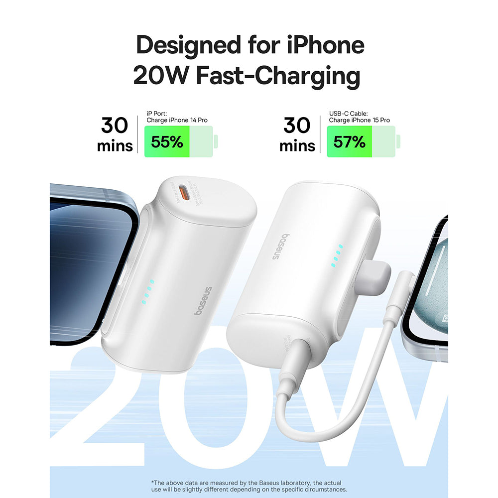 Ekstern batteri Baseus Compact, 5000mAh, 20W, PD, 1 x Lightning - 1 x USB-C, Hvid P10068307213-00