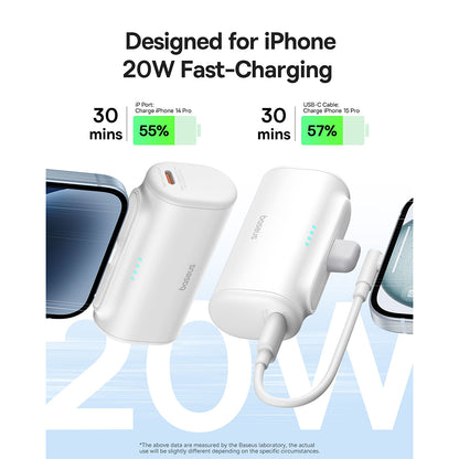 Ekstern batteri Baseus Compact, 5000mAh, 20W, PD, 1 x Lightning - 1 x USB-C, Hvid P10068307213-00
