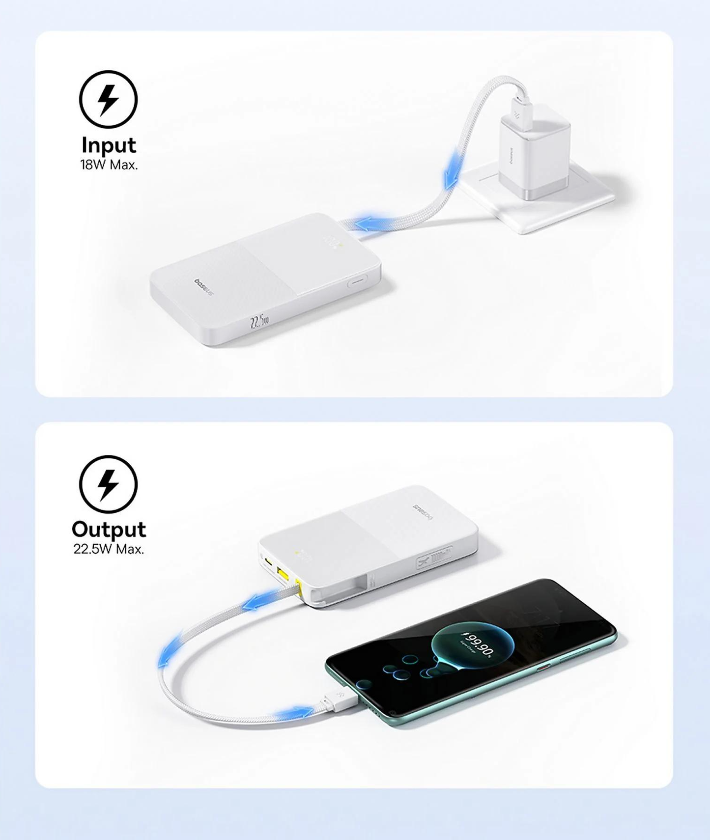 Ekstern batteri Baseus EnerFill Bipow2 Pro, 10000mAh, 22.5W, QC + PD, 1 x USB-A - 2 x USB-C, Hvid E0027601