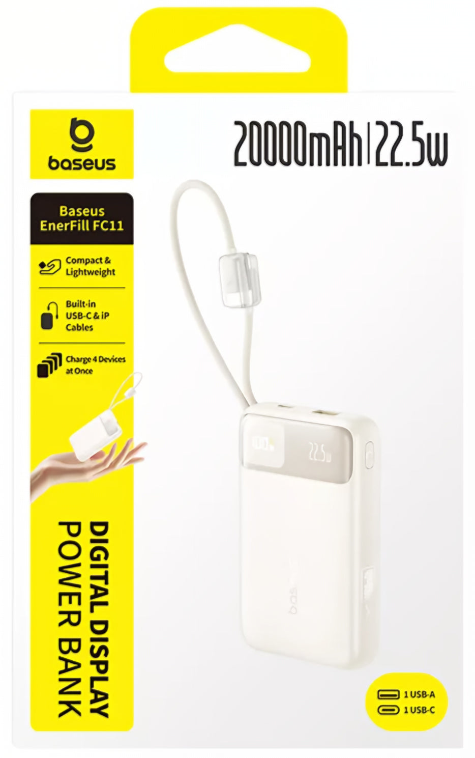 Ekstern Batteri Baseus EnerFill FC11, 20000mAh, 22.5W, QC + PD, 1 x Lightning - 1 x USB-A - 2 x USB-C, Beige E0027S05